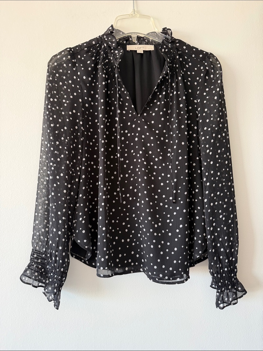 LOFT Petites Black Polka Dot Smocked Ruffle Neck Tie Blouse SP Sheer Sleeve